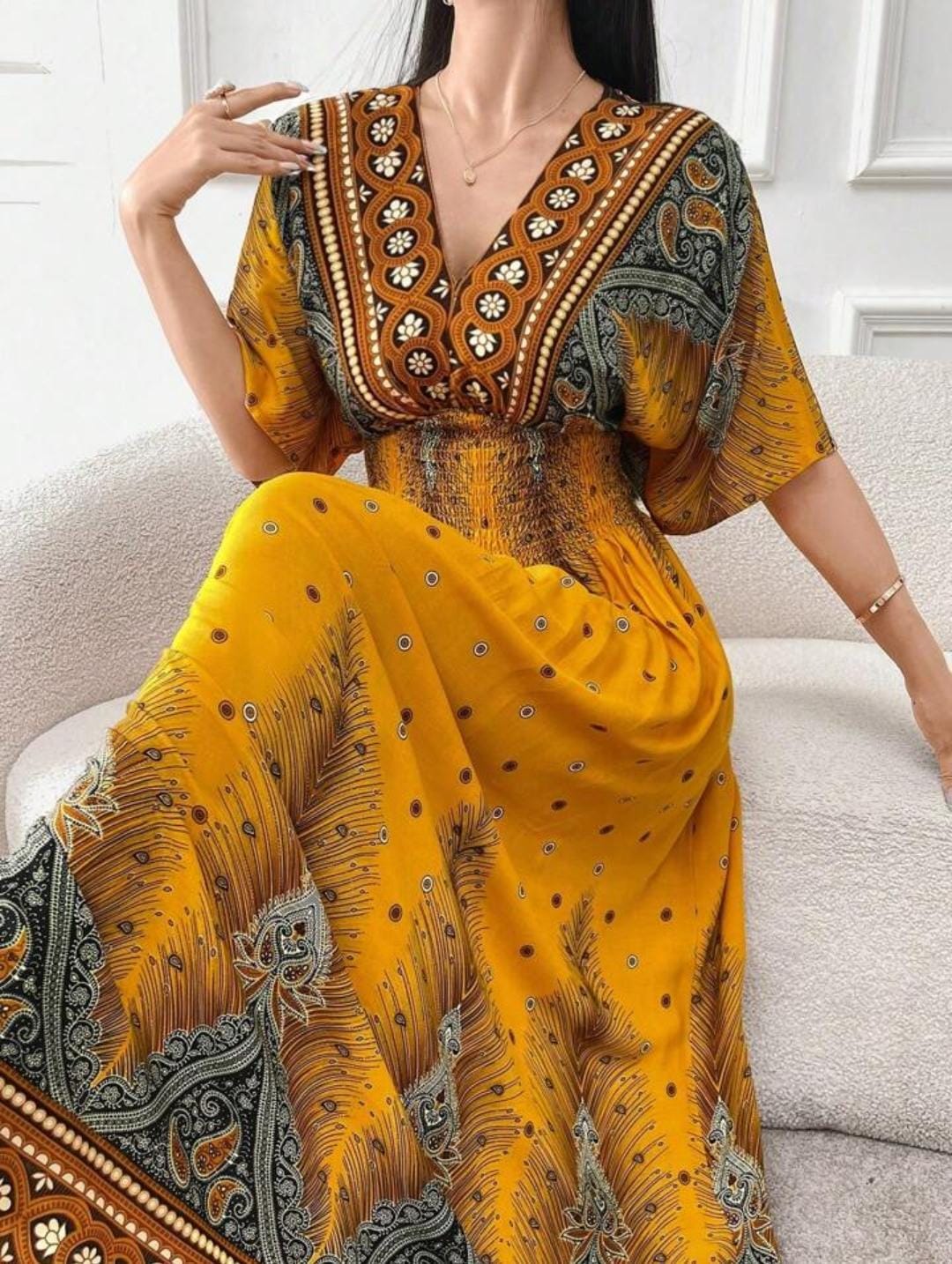 Al Najma Elegant Vintage Printed Sleeve Long Dress B-155670 Al Najma Elegant Vintage Printed Sleeve Long Dress B-155670