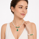 Green Chalcedony Pendant Pearl Necklace White Pearl Bracelet Set 128750