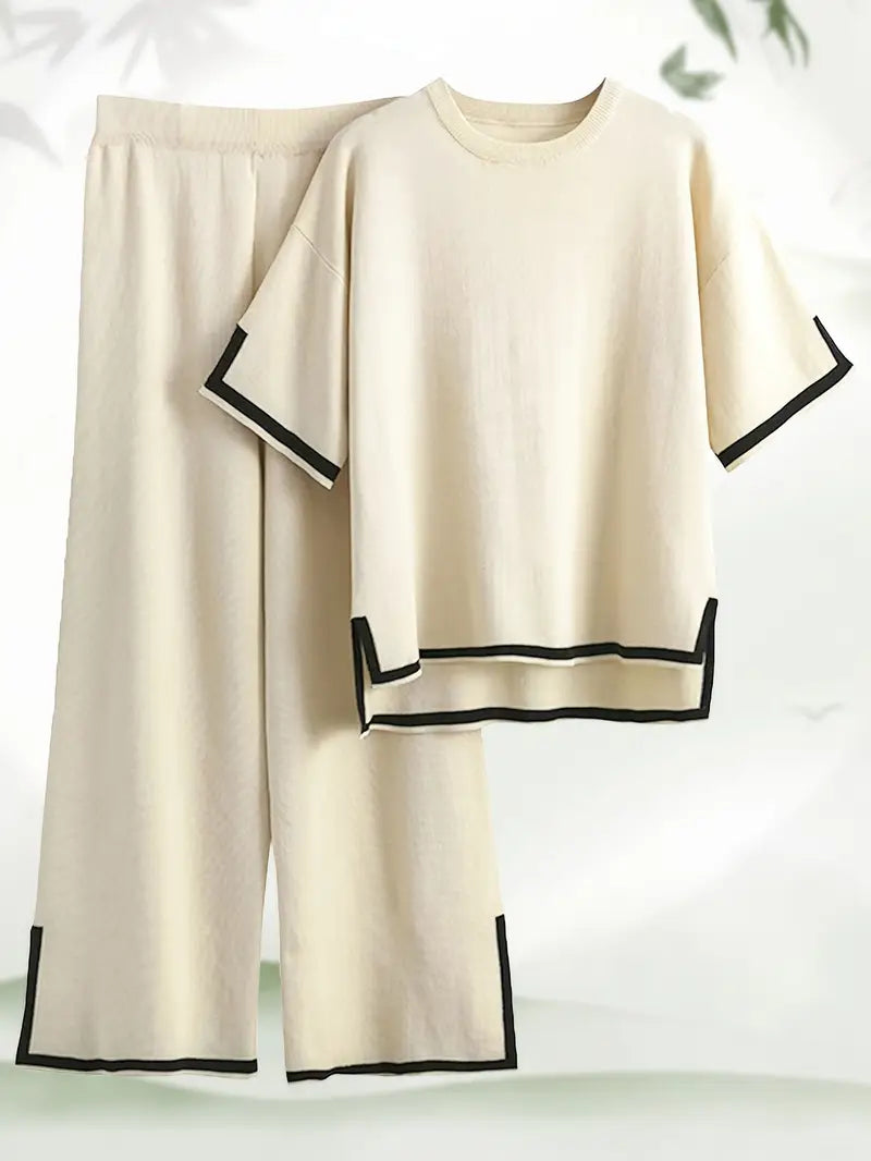 Short Sleeve Knit Pullover Top High Waist Wide Leg Pant 54804
