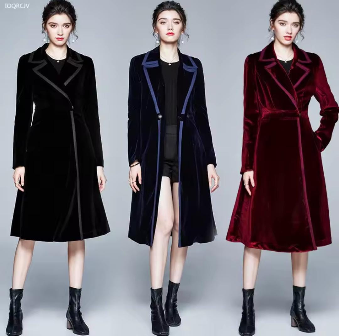 Women Velvet Long Windbreaker Coat B-381932