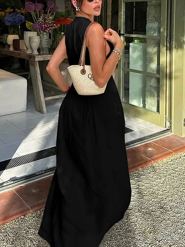 A-Line Loose Pleated Pockets Split-Joint Zipper Round-Neck Maxi Dresses 163220 A-Line Loose Pleated Pockets Split-Joint Zipper Round-Neck Maxi Dresses 163220