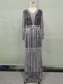 Women's Sequin Full Sling Dress V Neck Color Long Long Sexy Sleeve Solid Women's Dress B-44999 - Tuzzut.com Qatar Online Shopping