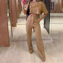 Women Casual O-Neck Half Sleeve Crop Top and Pants Suit Set  B1588079 - TUZZUT Qatar Online Shopping