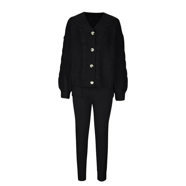 Knitted Cardigan and Slim High Waisted Pants Lounge Set 28022 - TUZZUT Qatar Online Shopping