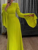 Ruffle Sleeves Skinny Belted Solid Color Round-Neck Maxi Dress S 137459 - TUZZUT Qatar Online Shopping