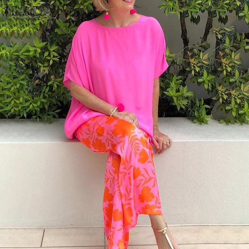 ZANZEA Casual Streetwear Women 2 Piece Set Elegant O-neck Short Sleeved Top With Print Long Pants Suit New Loose Homewear Outfit 4XL S4541872 ZANZEA Casual Streetwear Women 2 Piece Set Elegant O-neck Short Sleeved Top With Print Long Pants Suit New Loose Homewear Outfit 4XL S4541872