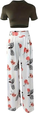 Two Piece Outfits for Women Sexy Pants Set Sexy Short Sleeve Crop Top Pants Set Summer Casual Froral Print Wide Leg Pants   B131317 - TUZZUT Qatar Online Shopping