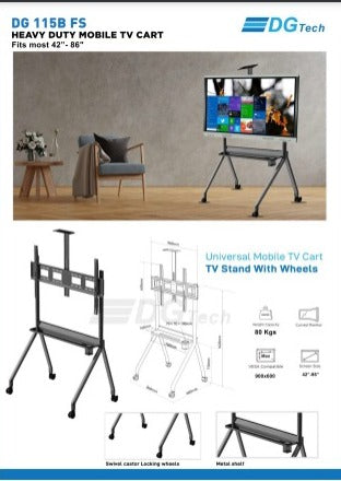 Heavy Duty Mobile TV Cart Stand With Wheels & Holder - DG 115B FS (Fits Most 42″ ~ 86″ Screen, Weight Capacity 80kg)