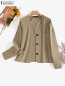 ZANZEA Fashion Women V Neck Long Sleeve Blazer Autumn Casual Buttons Down Outwear Casual Solid Cardigan Vintage Thin Coats L S4783619 - Tuzzut.com Qatar Online Shopping