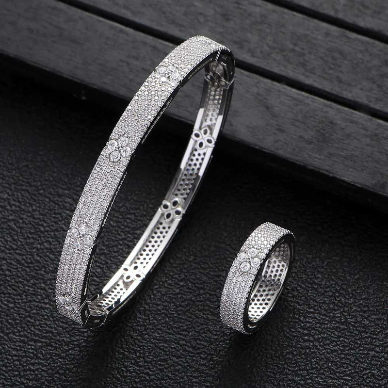 Flower Micro Zircon Stone Silver Bracelet Ring Set DN2111 - TUZZUT Qatar Online Shopping