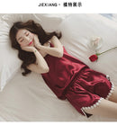 Women Sleeveless Solid Color Embroider Sling Pajamas Set Ice Silk Sexy Camisole Nightie Sleep Shorts Pyjamas Suit L S3598027 - Tuzzut.com Qatar Online Shopping
