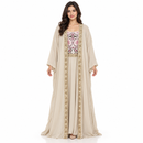 Women’s Beige Gold-Trim Kaftan with Printed Front Panel