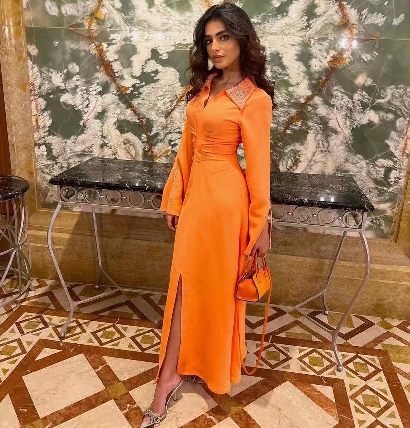 Lapel V Neck Prom Dresses Beaded Long Sleeves Vestidos De Fiesta Ruched Front Slit Special Occasion Women Wear Evening XL S4782520 Lapel V Neck Prom Dresses Beaded Long Sleeves Vestidos De Fiesta Ruched Front Slit Special Occasion Women Wear Evening XL S4782520