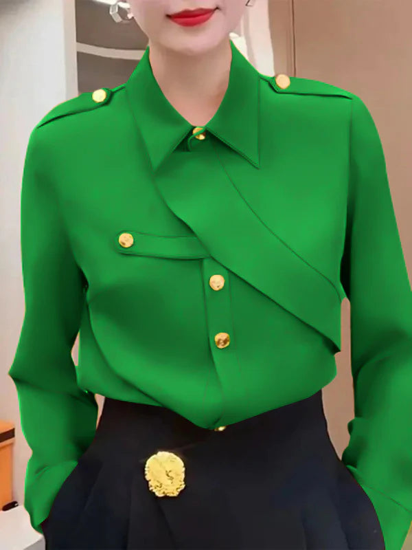 Long Sleeves Loose Asymmetric Buttoned Lapel Tops 146641 Long Sleeves Loose Asymmetric Buttoned Lapel Tops 146641