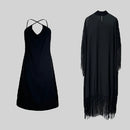 Batwing Sleeves Loose See-Through Solid Color Tasseled Mock Neck Maxi Dresses M 141909 - TUZZUT Qatar Online Shopping