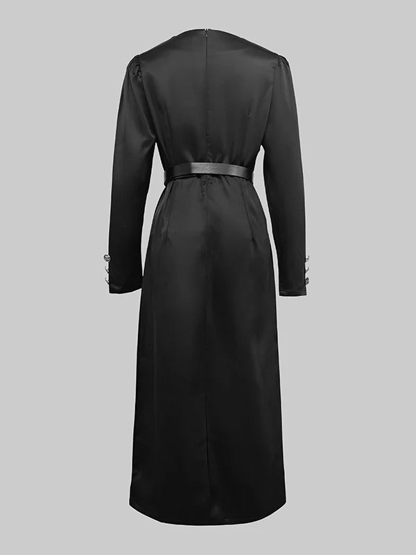 Long Sleeves Puff Sleeves Buttoned Deep V-Neck Midi Dresses 175780 Long Sleeves Puff Sleeves Buttoned Deep V-Neck Midi Dresses 175780