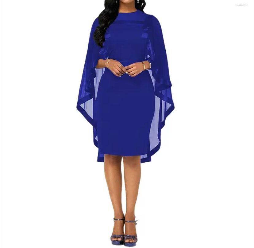Cape Sleeve Round Neck Dress Formal Wedding Ladies Party Wear 489753 M Cape Sleeve Round Neck Dress Formal Wedding Ladies Party Wear 489753 M