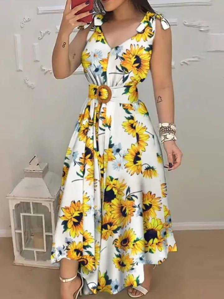 Floral Print Tied Detail Belted Design Maxi Dress Women Sleeveless Casual Summer Dress S4494498