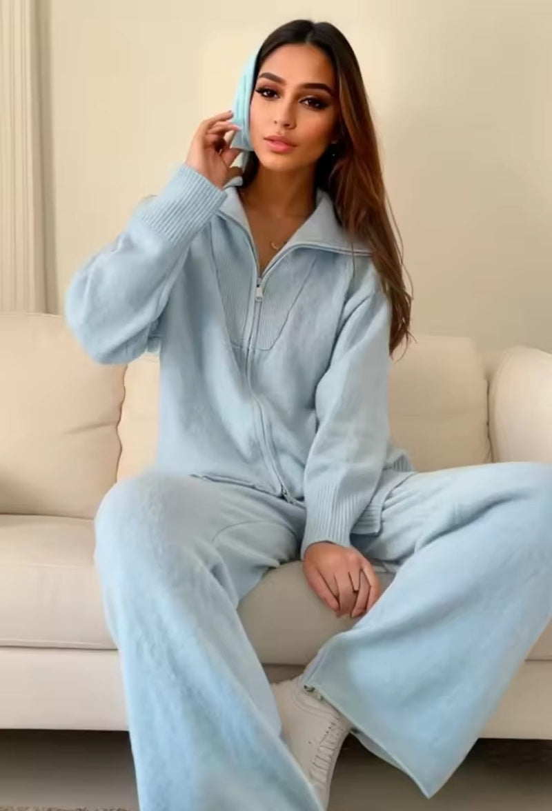 Zip up Cardigan Wide Leg Pants 2 piece Knit Set KS706 - TUZZUT Qatar Online Shopping