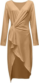 Womens V Neck Irregular Hem Dress Long Sleeve Solid Color Tunic Dress Women Summer Short Sleeve Ruffle Loose Swing Casual T Shirt Dress    X183677 - TUZZUT Qatar Online Shopping