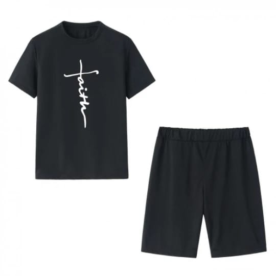 New printed tshirt with biker shorts women summer faith 2 piece short set X4601941 - Tuzzut.com Qatar Online Shopping