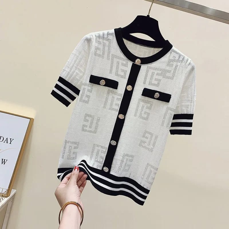 Ice Slik Thin Knitted Women Pullovers Summer Hollow Out Short Sleeve O-neck Buttons Knitwear Sweaters Elegant Fashion Chic Tops XL S4843228 Ice Slik Thin Knitted Women Pullovers Summer Hollow Out Short Sleeve O-neck Buttons Knitwear Sweaters Elegant Fashion Chic Tops XL S4843228