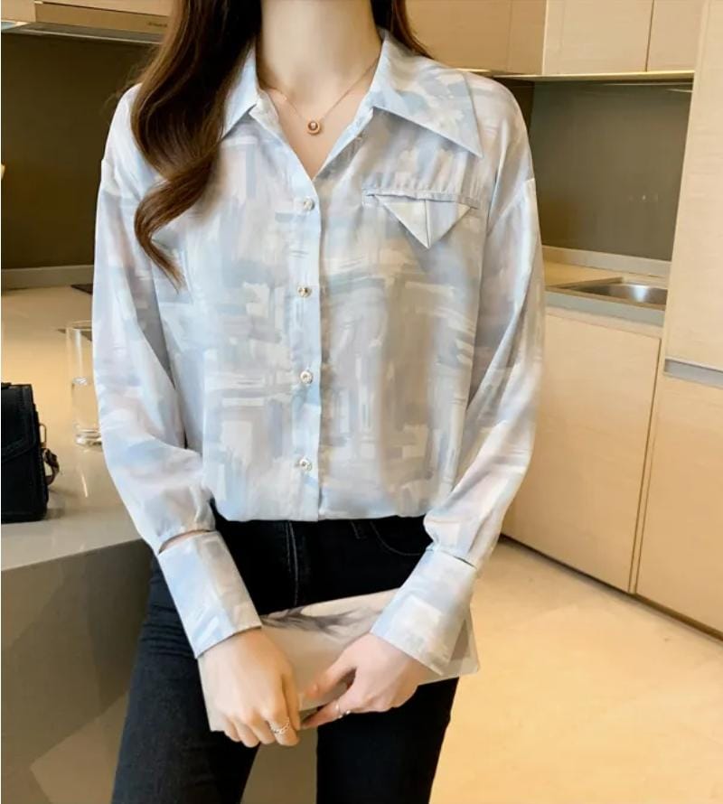 New long-sleeved lapel printed chiffon casual shirt for women L X4601457