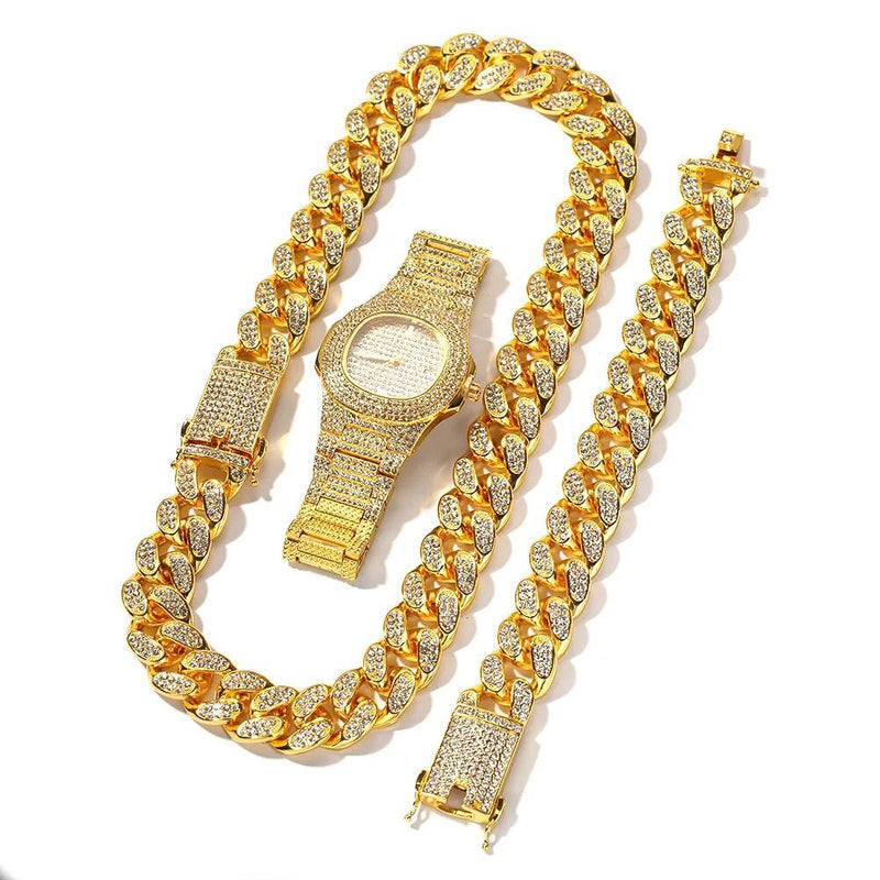 Hips Hops Rap 18K Gold Plated Jewelry Set 20mm Iced Chunky Cuban Link Chain Necklace Men W756090