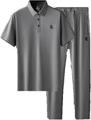 Mens Silk Set Short Sleeve Solid Color Polo Shirts And Pants Suits Sport Casual Tracksuit   V889709 - TUZZUT Qatar Online Shopping