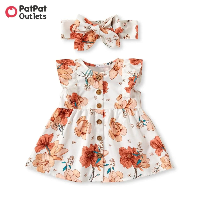 2pcs Summer Baby Girl Clothes 100% Cotton Cute Solid/Floral-print Sleeveless Ruffle Button Up Dress with Headband Set 19785735