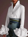Flared Sleeves Bow-Embellished Falbala Solid Color Lapel Blouses&Shirts Tops 115238