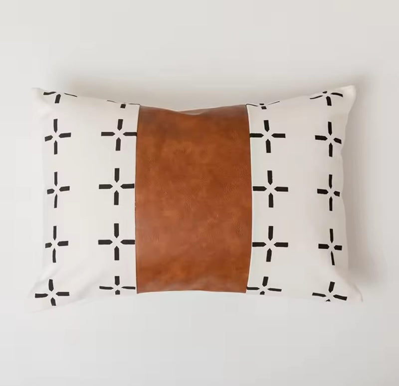 Black & White Print with Brown Vegan Leather Cushion Cover CC0001 - TUZZUT Qatar Online Shopping