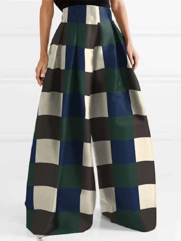 High Waisted Loose Checkerboard Contrast Color Pleated Wide Leg Pants Trousers L 127252