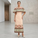 Women’s Peach Beige Maxi Dress with Printed Cape H-7