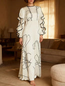 Loose Contrast Color Falbala Flower Print Hollow Zipper Maxi Dresses 150242 - TUZZUT Qatar Online Shopping