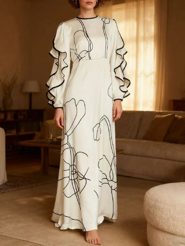 Loose Contrast Color Falbala Flower Print Hollow Zipper Maxi Dresses 150242 Loose Contrast Color Falbala Flower Print Hollow Zipper Maxi Dresses 150242