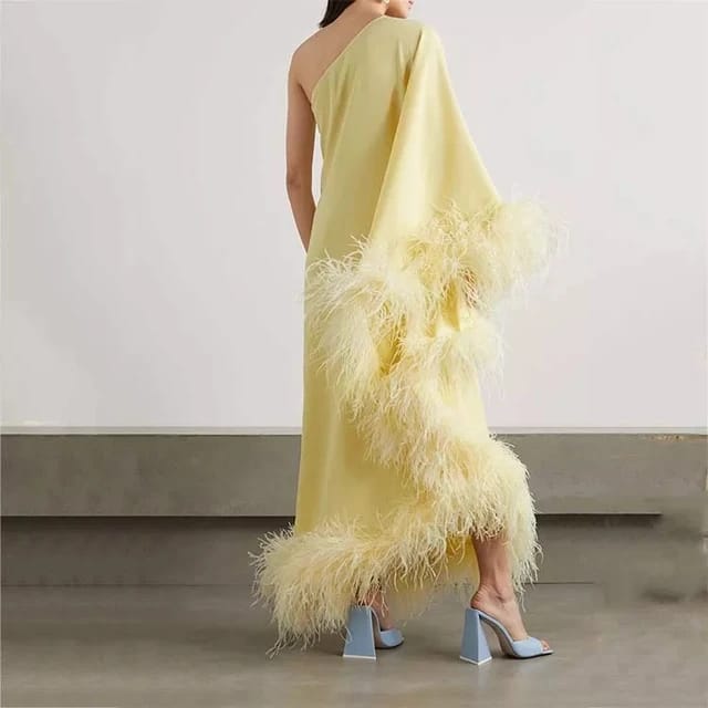 Casual Dress Ostrich Feather- trimmed Crepe Maxi Pretty Party Pastel Yellow Rayon Feather Party Dress 5MVE54 Casual Dress Ostrich Feather- trimmed Crepe Maxi Pretty Party Pastel Yellow Rayon Feather Party Dress 5MVE54