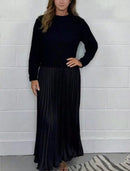 Plus Size Casual Solid Color Long Sleeve Knit Patchwork Pleated Dress B371031