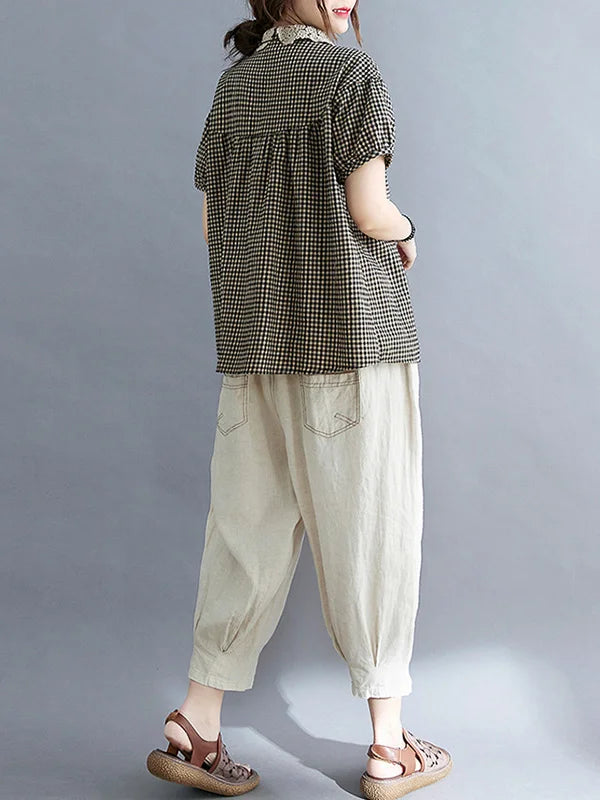 Cotton Blend Plaid Polo Puff Sleeve T-Shirts Tops 3XL 81632 Cotton Blend Plaid Polo Puff Sleeve T-Shirts Tops 3XL 81632