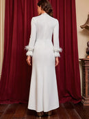 Women's Fashion Evening Dress O-neck Patchwork Gauze Long Sleeve Feather Slim Elegant Party Dresses Autumn B-44755 - Tuzzut.com Qatar Online Shopping