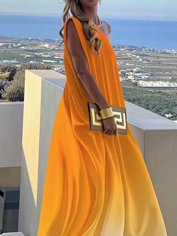 Loose Gradient Split-Joint One-Shoulder Maxi Dresses 161954 Loose Gradient Split-Joint One-Shoulder Maxi Dresses 161954