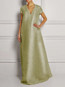 Loose Short Sleeves Shiny Solid Color V-Neck Maxi Dresses L 124209 - TUZZUT Qatar Online Shopping
