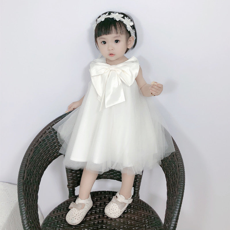 New Girls Dress Sleeveless Mesh Dress With big Bow Flower Girl White Dress Baby Party Dress Childrens'Holiday Birthday Gift 5-6Y S4968447