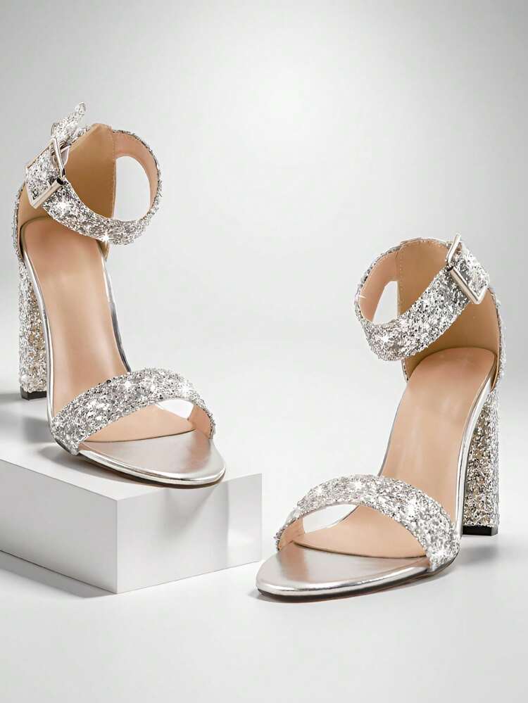 Glamorous Sequin Decoration Ankle Strap Chunky Silver Sparkly Heeled Sandal S4974417 - TUZZUT Qatar Online Shopping