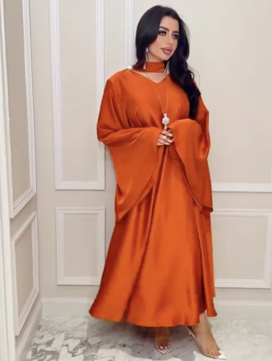 Women Big Swing Party Dress Sexy Long Flared Sleeve V-neck Middle East Lady Loose Emipre Solid Elegant Lace-up L S4919876 Women Big Swing Party Dress Sexy Long Flared Sleeve V-neck Middle East Lady Loose Emipre Solid Elegant Lace-up L S4919876