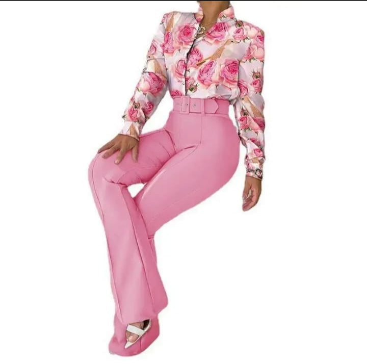 Womens Blouse Shirt Casual Suit Printed Stand Collar Long Sleeve Shirt Top Blouse Wide Leg Pants Two-Piece Set With Belt 000686018 Womens Blouse Shirt Casual Suit Printed Stand Collar Long Sleeve Shirt Top Blouse Wide Leg Pants Two-Piece Set With Belt 000686018