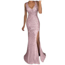Fashion Women Sexy Backless Dress Ladies Deep V Elegant Sequin Prom Party Dress Gold Club Bridesmaid Sleeveless Long Dress Robe L S4646126 - Tuzzut.com Qatar Online Shopping
