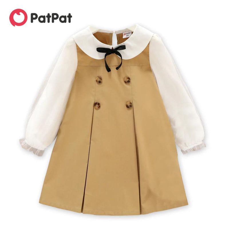 PatPat Toddler Girl Doll Collar Bowknot Design Mesh Long-sleeve Khaki Dress Years 20184633 - Tuzzut.com Qatar Online Shopping