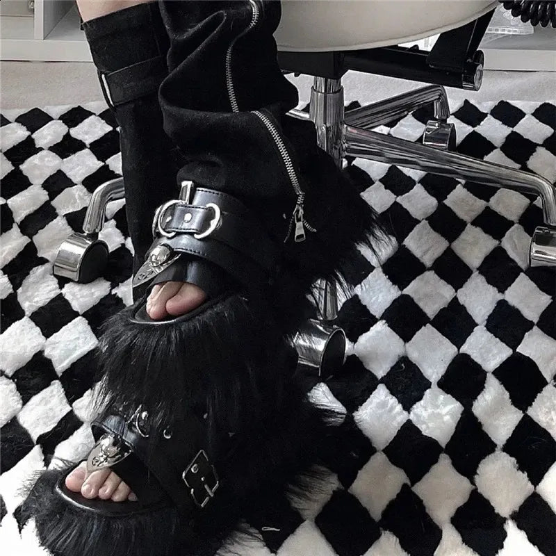 Punk Fur Metal Decor Round Toe Sandals 22823 - TUZZUT Qatar Online Shopping