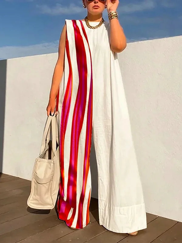 Sleeveless Wide Leg Contrast Color Printed Striped Jumpsuits 118846 - S